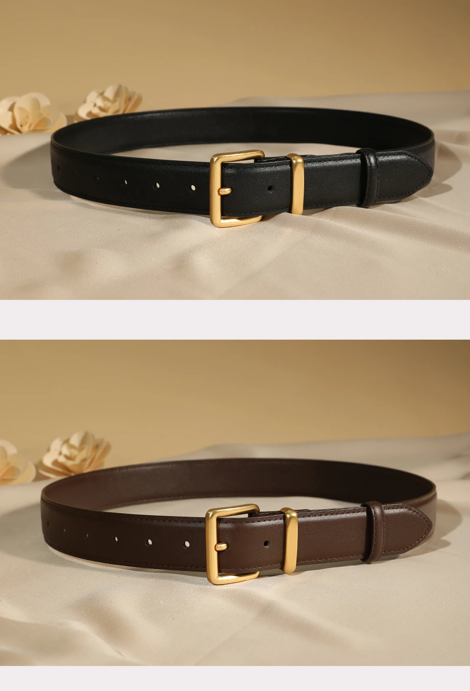 Luxuriöser Damen-Gürtel aus echtem Leder, modischer schmaler Taillengürtel mit Dornschließe für Jeans und Hosen, 3,3 cm breiter Gürtel mit Gold-/Silberschnalle – Detail 10