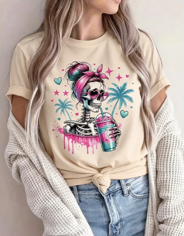 2026 Fashion New Women Y2K Beach Skeleton Messy Bun Iced Drink Palm Tree Print Casual Short Sleeve Basic Top Tee