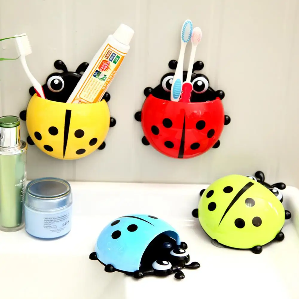 2PCS Ladybug Animal Insect Toothbrush Holder Cartoon Toothbrush Toothpaste Wall Suction Holder Rack Bathroom Container Organizer