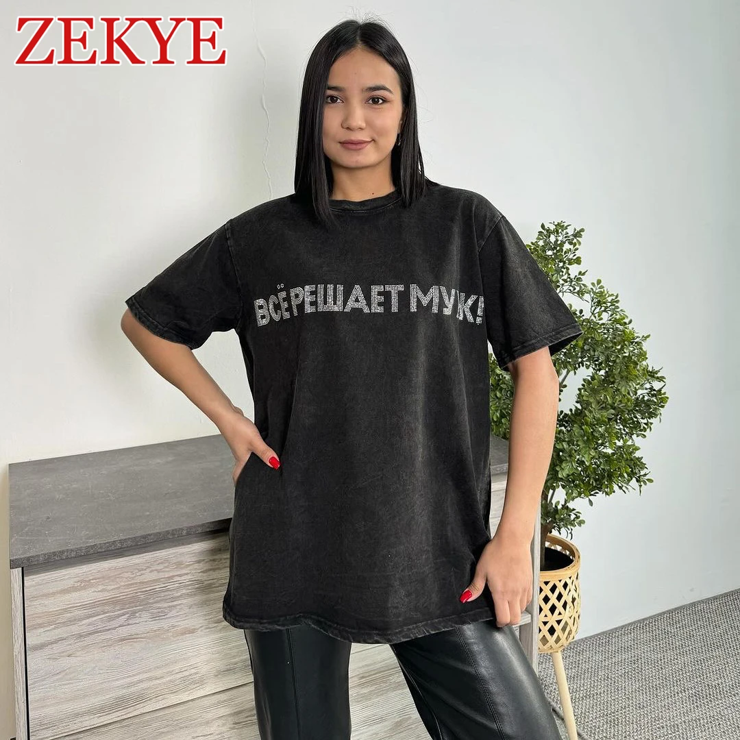 Zekye Rhinestone Casual Distressed Black T Shirt Short Sleeves Summer Vintage Fashion Harajuku Loose Tee Shirt Women Streetwear