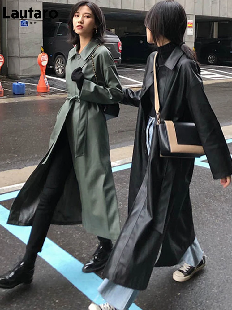 Lautaro Spring Autumn Long Black Green Pu Leather Trench Coat for Women Sashes Loose Casual Waterproof Raincoat Korean Fashion