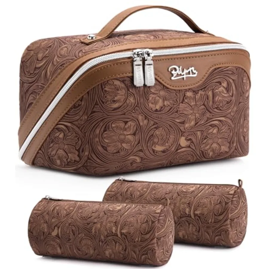

Travel Makeup Bags Cosmetic Organizer Bag: 3 Pcs Set Large Capacity Floral Make up Bag with Compartments - Waterproof Leather T