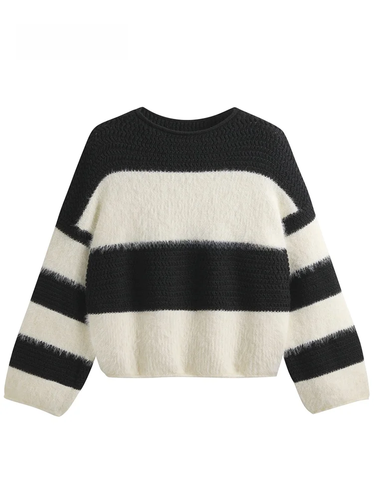 

JZZDEMM Faux Fur Patchwork Color Blo Knitted Loose Fit Overhead Sweater Women's Stripe Pattern High-End Feeling Comfortable