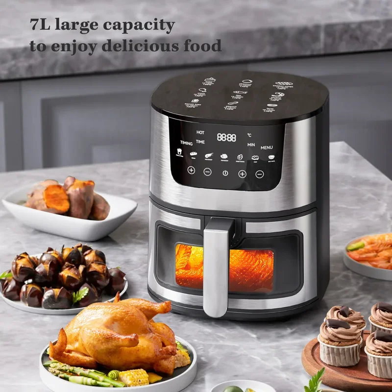 7L Large Capacity Household Automatic Intelligent Air Fryer Visual Window Design Touch Screen Stainless Steel Oven