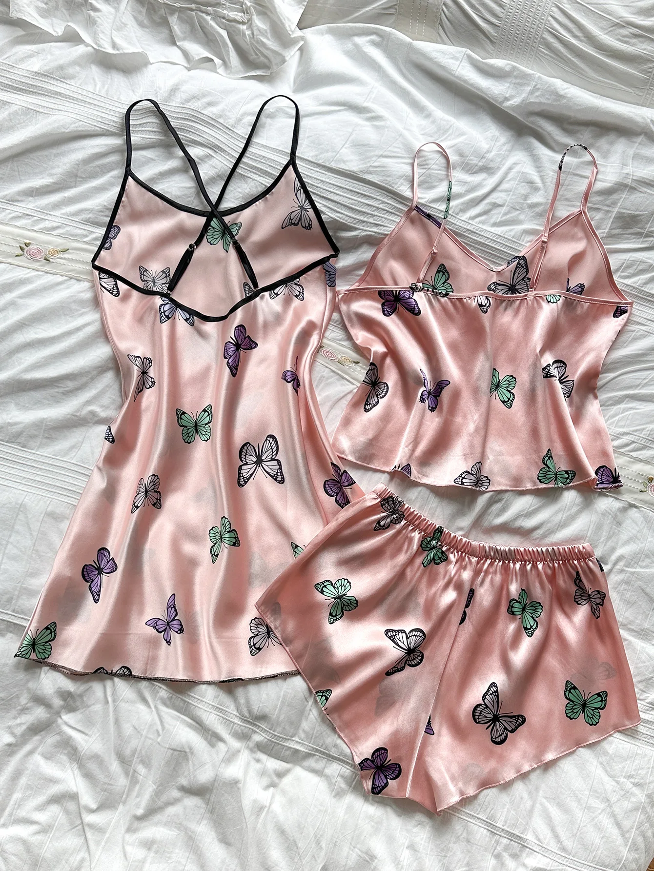 Women's new butterfly print elegant comfortable sexy halter top shorts pajamas three-piece set