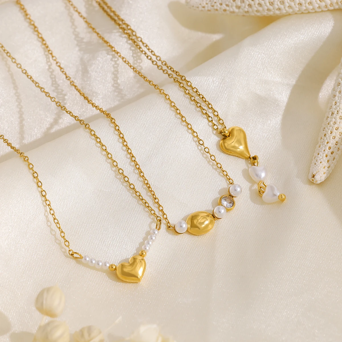 WILD & FREE Trendy Stainless Steel Heart Pendant Necklaces for Women Chic Luxury Pearl Charms 18K Gold Plated Jewelry - Image 3