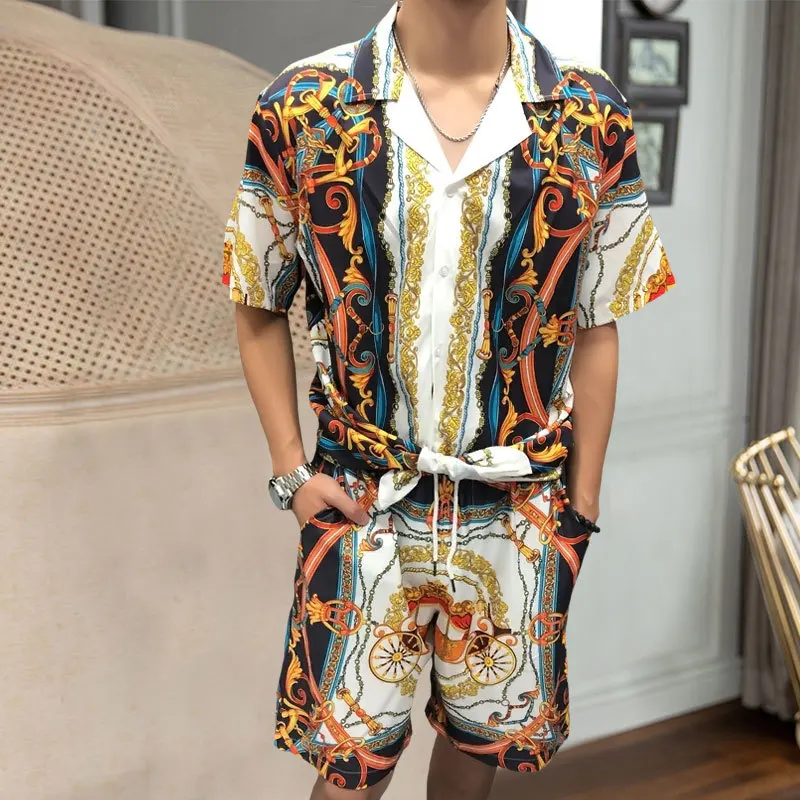 

Summer Men Tracksuits Streetwear Fashion Brand Leisure Palace Pattern Digital Print Short Sleeve Loose Shirt Set Camiseta Hombre