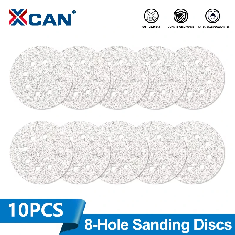 XCAN 10 Stück 5 Zoll 8-Loch-Schleifscheiben mit Klettverschluss, weißes Schleifpapier für Exzenterschleifer, Holzbearbeitung, Metallschleifscheibe