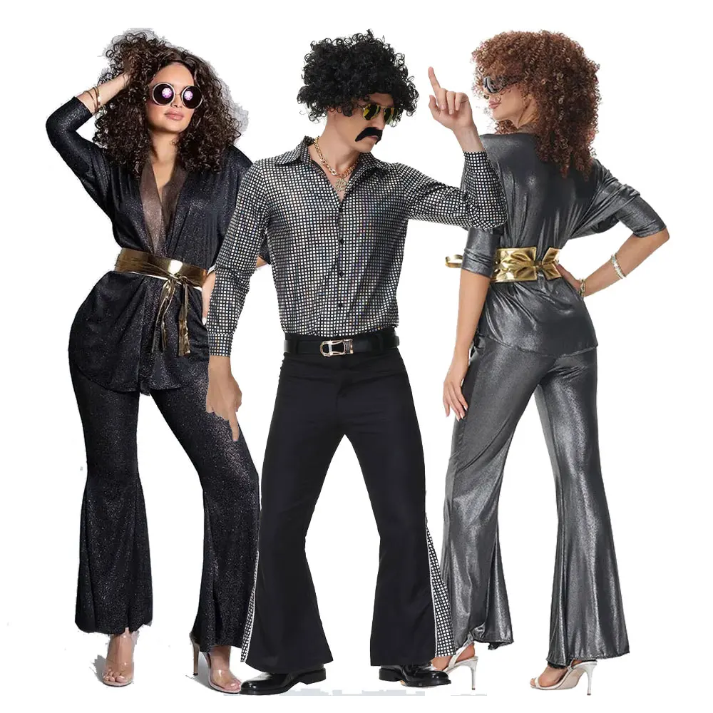 

Retro Disco Disguise Costume Retro Hippie Couple Costumes Men Women 80's Disco Stage Outfits Halloween Hippie Jumpsuit