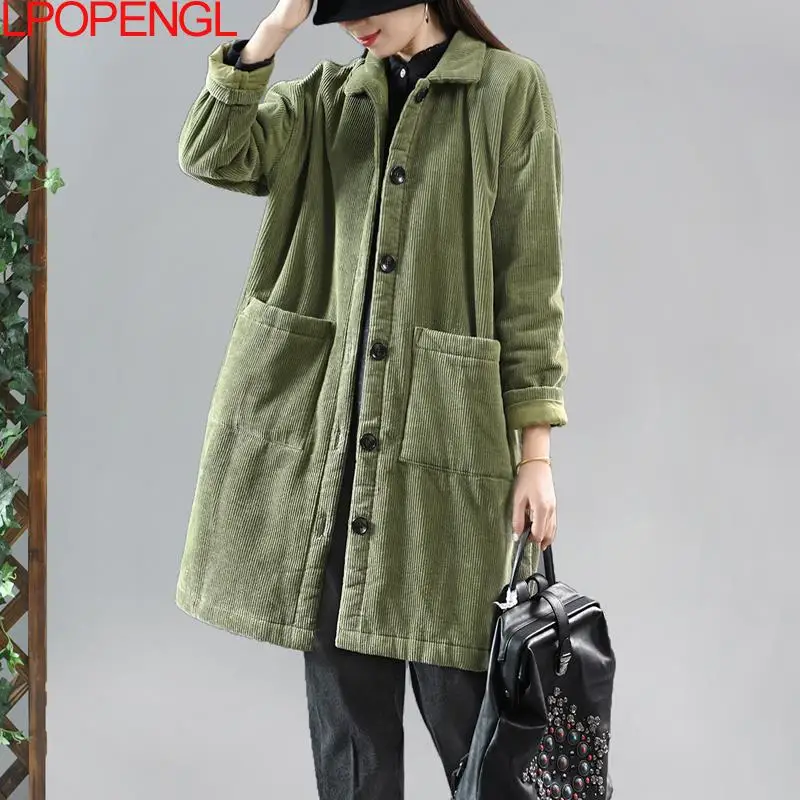 New Literary Corduroy Long Sleeves Loose Cotton Jacket Women's Vintage Mid-length Keep Warm And Thickened Single Breasted Coat