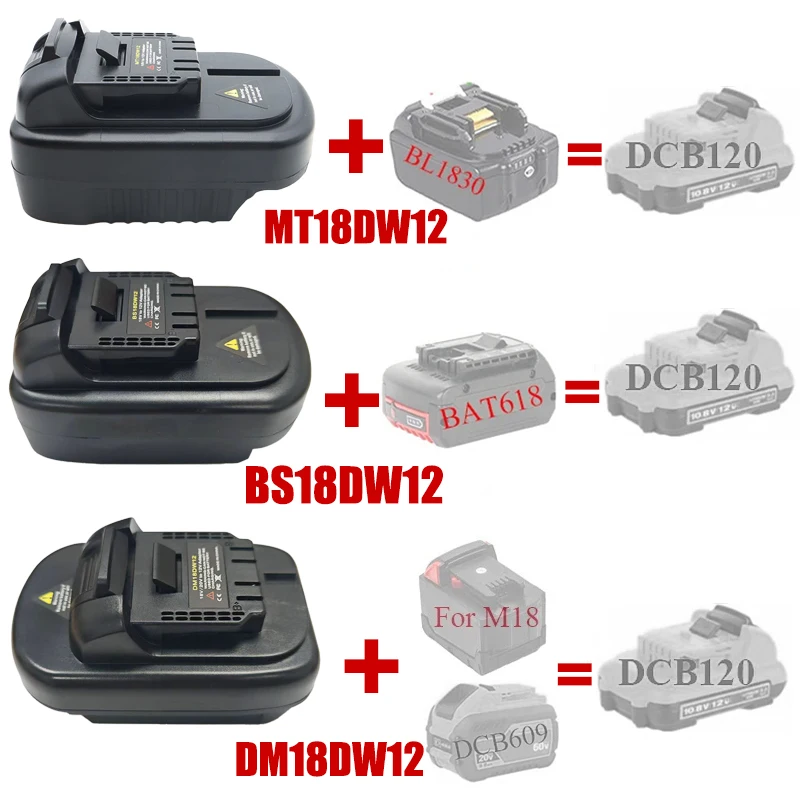 

MT18DW12 DM18DW12 BS18DW12 Адаптер для литий-ионных аккумуляторов Makita/DW/Milwaukee/Bosch 18/20 В, совместимый с аккумулятором DW 12 В