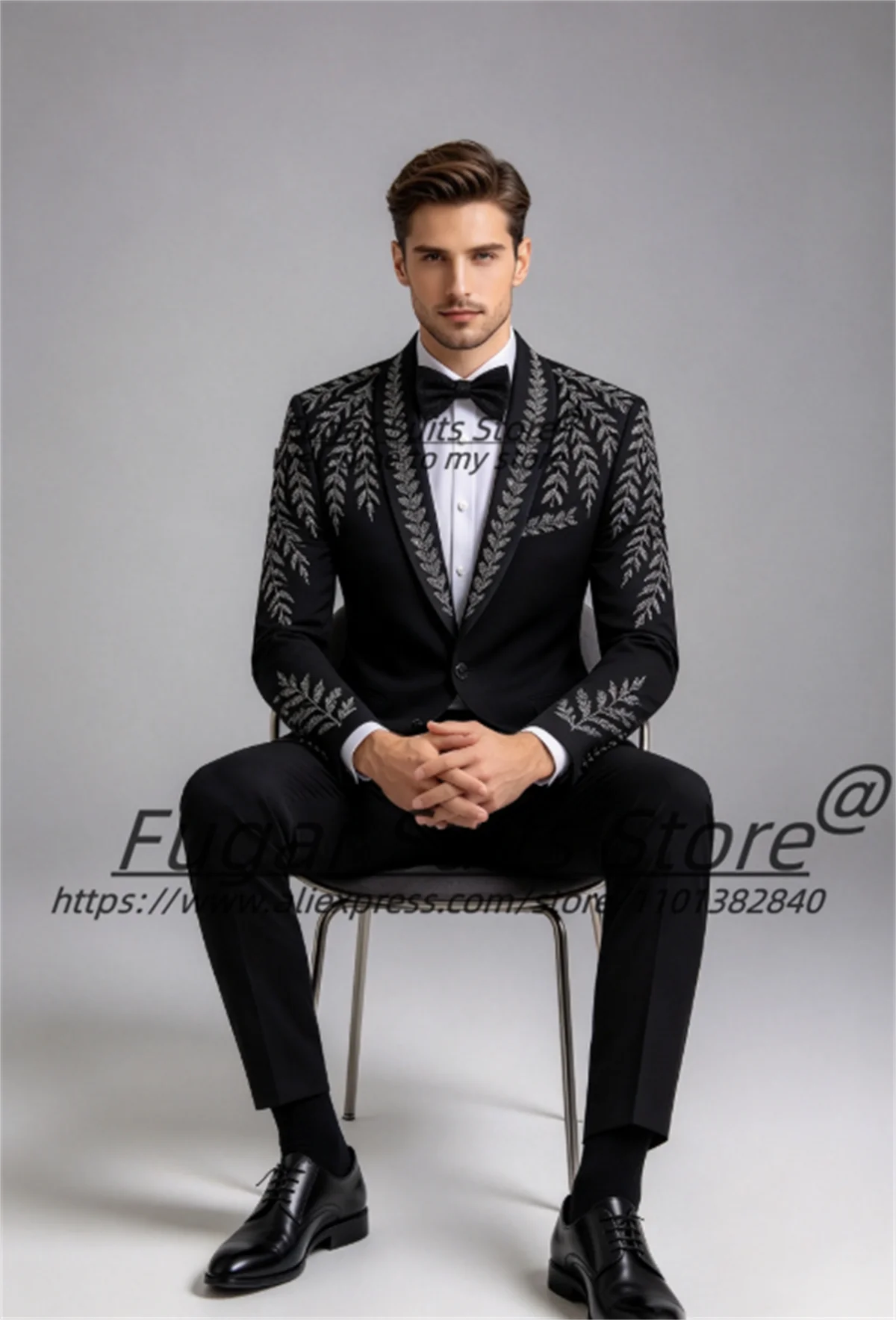 Luxurious Black Shawl Lapel Men Suits Customized Silver Leaf Embroidery Groom Wedding Tuxedos 2 Pieces Sets Costume Homme
