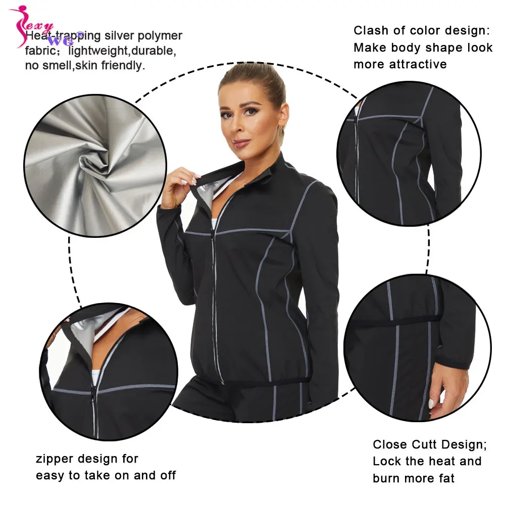 SEXYWG Sauna Top for Women Weight Loss Long Sleeve Sweat Slimming Jacket Fat Burner Fitness Suit Ladies Body Shaper Workout