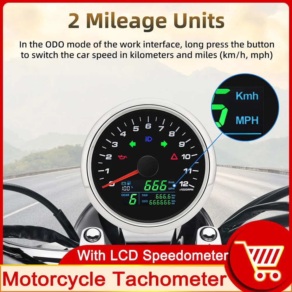 

New Motorcycle Tachometer 12000 RPM Meter LCD Speedometer Odometer KMH MPH ODO Tacho Motorbike Gauge Motorcycle Digital Dash