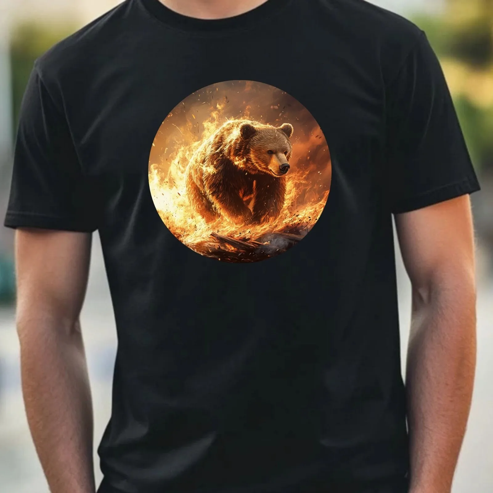 Mens Bear on Fire Motif Cotton T-Shirt Size XS to 5XL