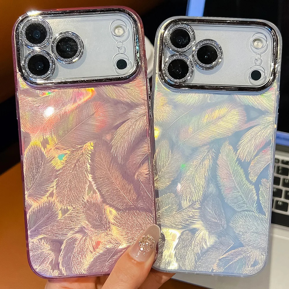Überzug Bunte Glänzende Feder Telefon Fall Für 17 16 15 13 14 Pro Max Air iPhone 11 iPhone 17 11 Pro max 17 pro max Glänzende Abdeckung Funda