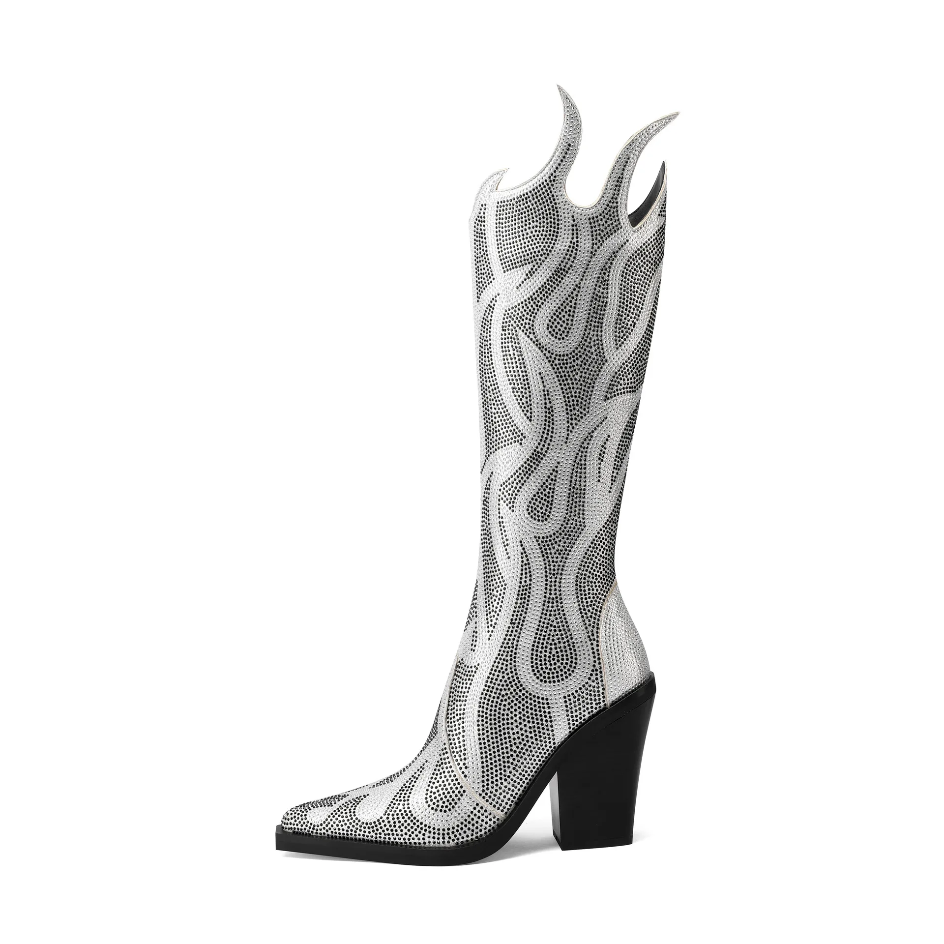 

Flame Pattern Shaped Thick Heel Boots Solid Color Rhinestone Knee-High Botines Slip-On Plus-Size Catwalk Botas Femininas