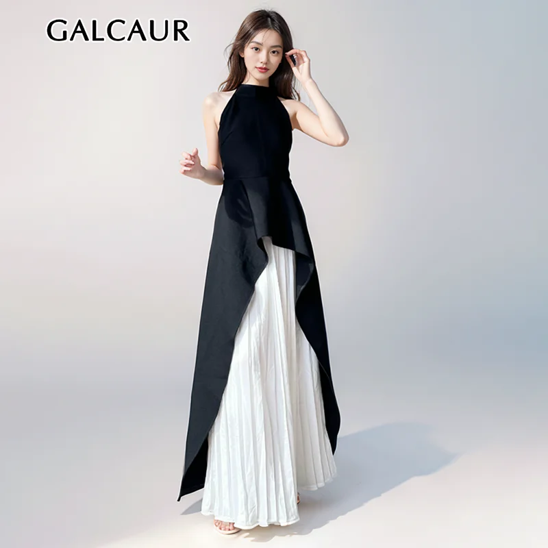 GALCAUR Colorblock Two Piece Sets For Women Halter Sleeveless Backless Tops High Waist Spliced Pleated Skirt Elegant Sets Female