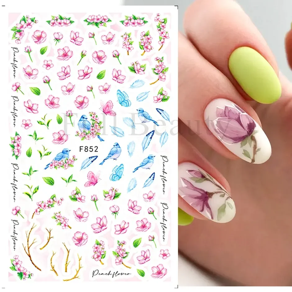 3D Spring Watercolor Nail Sticker Purple Flower Leaf Slider Nail Art Decoration GLF850