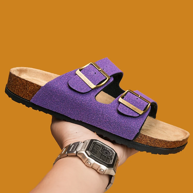 Ladies Cork Slippers With Double Buckle Adjustable Two Straps Suede Leather Clogs Comfort Footbed Slip On Flat Sandals Women view 4