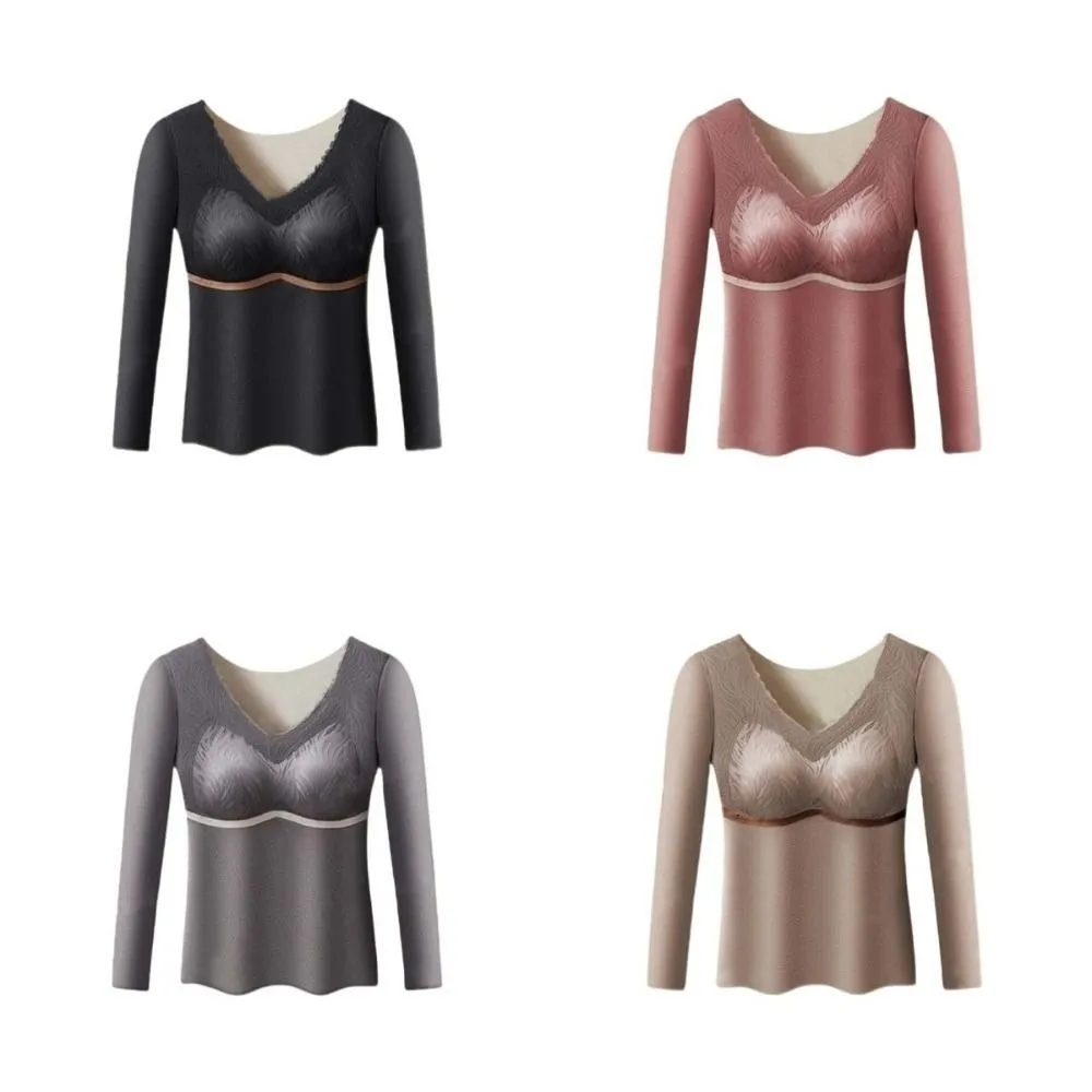 Ropa térmica de talla grande para mujer, Tops cálidos, ropa interior térmica con cuello redondo en U, Tops largos cálidos de lana de terciopelo con sensación de calefacción