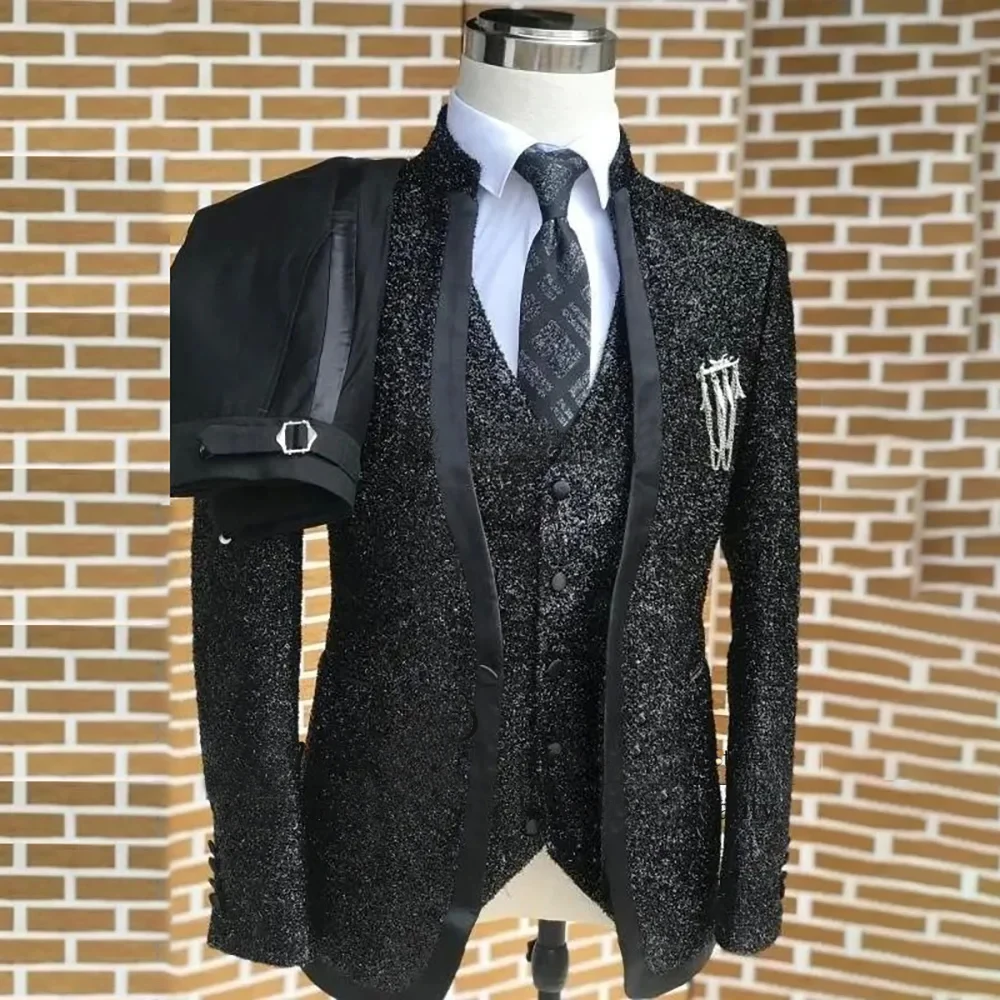 

Shiny Black Fashion Wedding Groom Tuxedos Men Suits 3 Pieces Sets Dinner Party Male Prom Blazers Slim Fit Ternos Completo