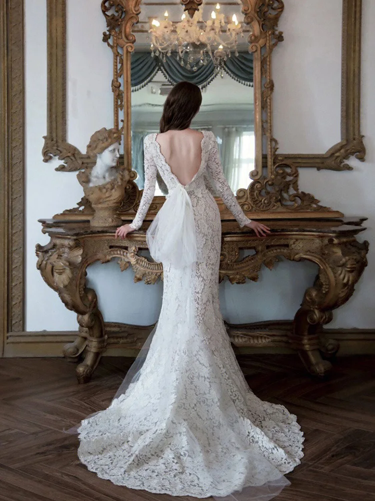 Corea Lace Appliques Mermaid Court abiti da sposa abiti da cerimonia Vintage a maniche lunghe abito da sera