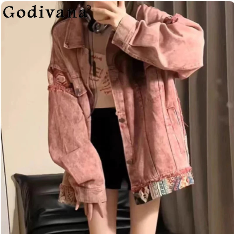 

Large Size American Retro Splicing Women Spring Autumn Leisure Denim Jacket Fashion Age-reducing Street Loose Long Sleeve Tops