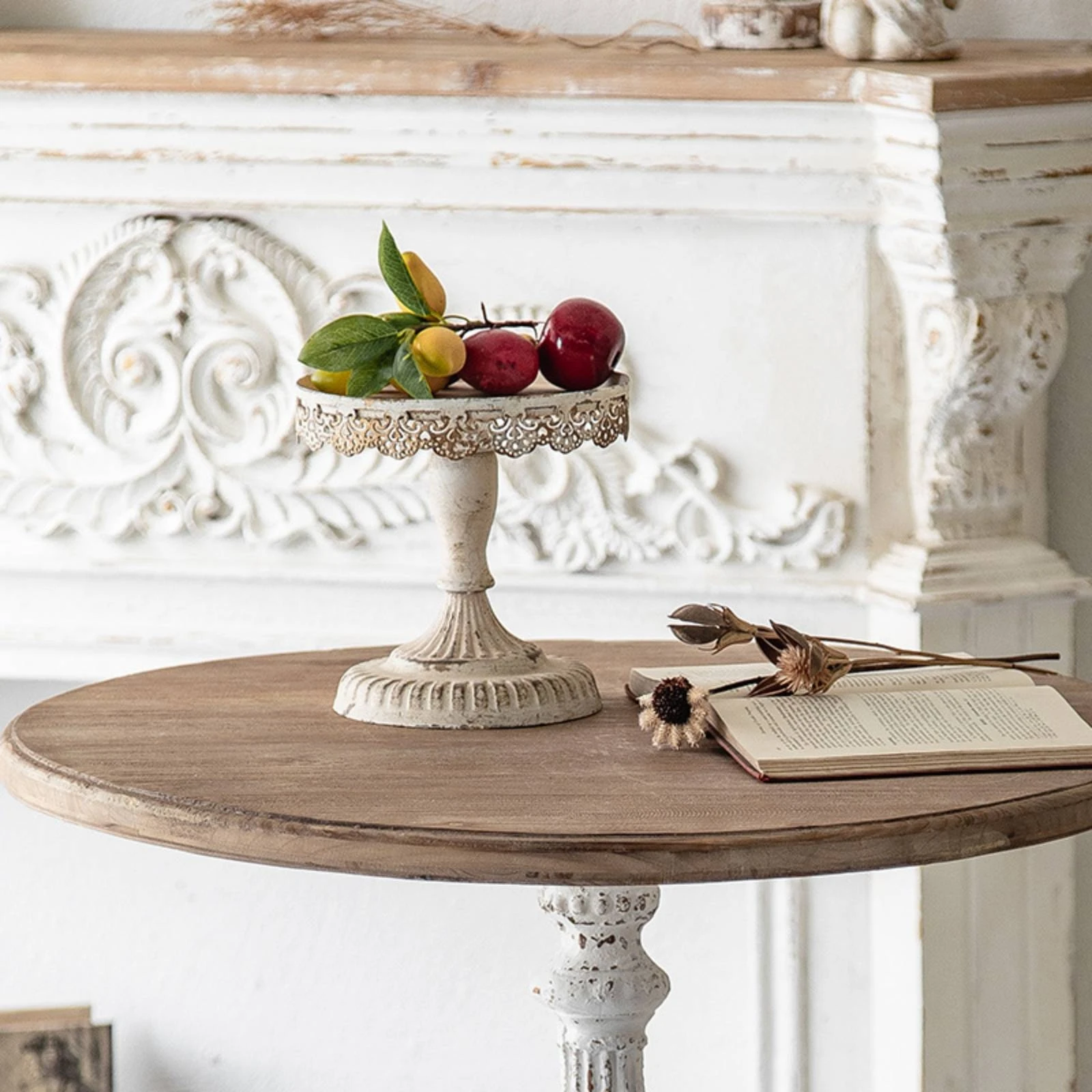 Decorative Tray with Pedestal Antique-Style Lace-Edge Pedestal Stand Farmhouse Round for Decorators, Home Decor view 6