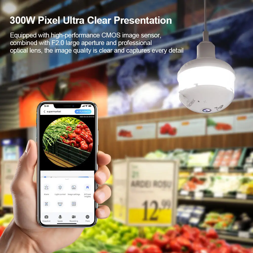 V380 PRO App 360 لمبة عرض بانورامية كاميرا 3MP للرؤية الليلية واي فاي CCTV عين السمكة لين كاميرا كشاف ضوء