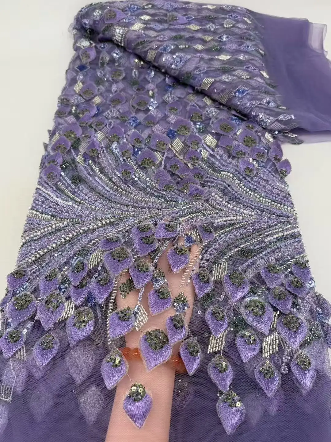 

French Tulle Sequins Lace Fabric Embroidery 5 Yards African Luxury 3D Beaded African Mesh Lace For Nigerian Women Party Dress