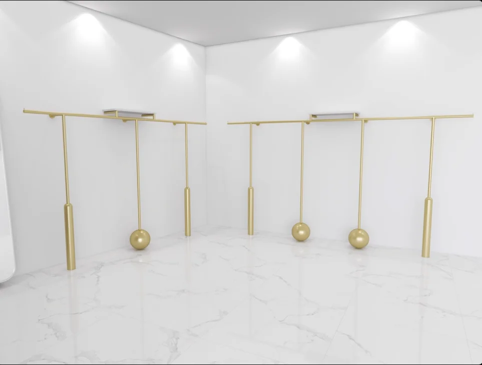 

Доступная роскошь: высококачественные кованые золотые полки для демонстрации одежды, настенные вешалки для магазинов женской одежды.