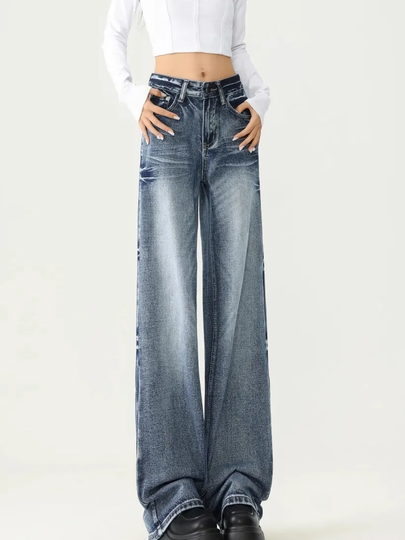American Retro Cra Wide Leg Jeans Women's Spring Autumn High Waist Loose Slimming Not Legging Floor Length  Hoof Pants