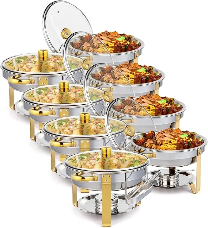 5QT 2/4/68 Packs Chafing Dish Buffet Set Gold Accent, Round NSF Stainless Steel Buffet Warmer Chafers and Buffet Warmers Sets