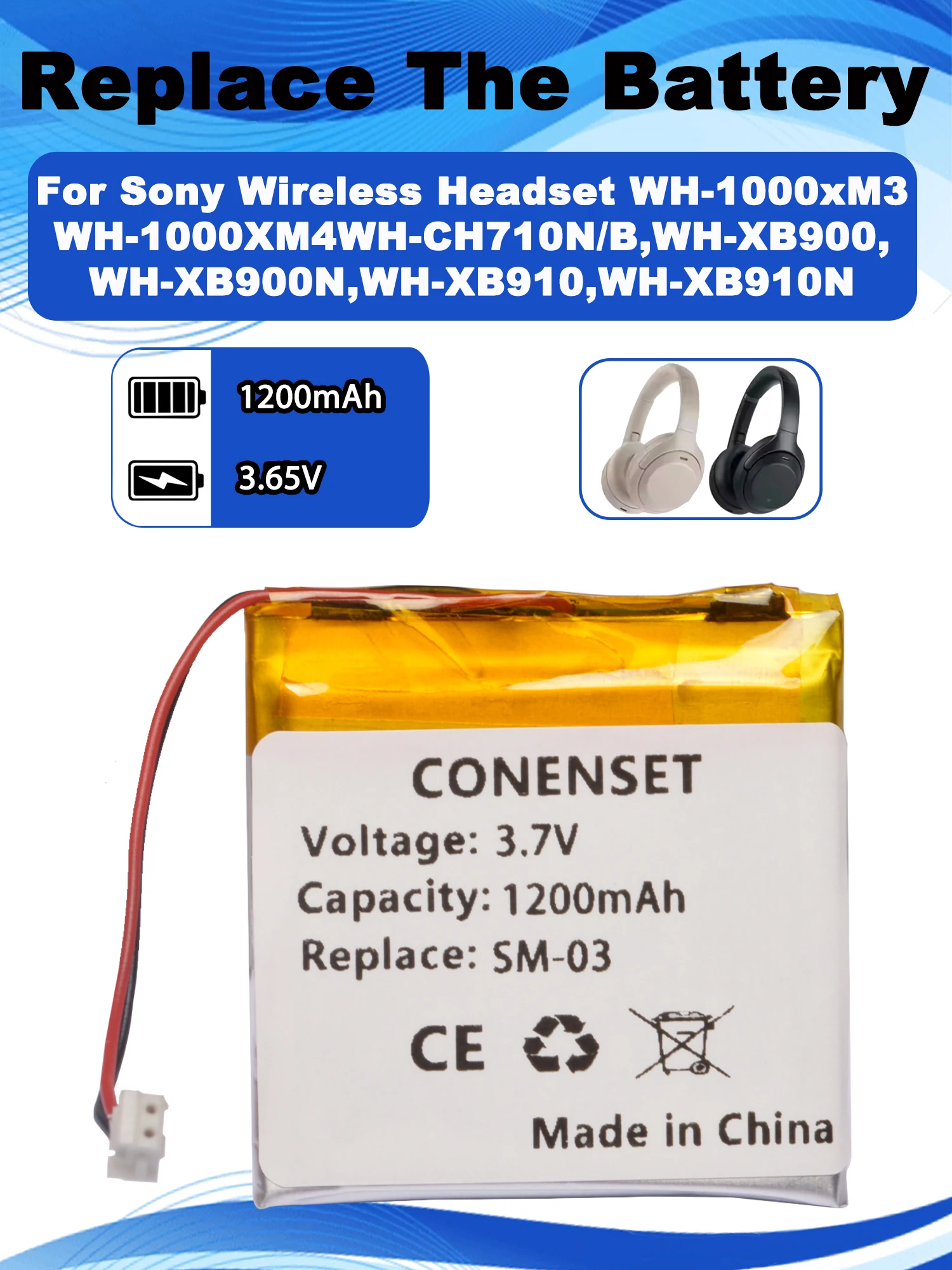 

Сменная батарея 3.7V 1200mAh для беспроводных наушников Sony WH-1000XM3 WH-1000XM4 WH-XB900 WH-XB900N WH-CH710N/B SM-03