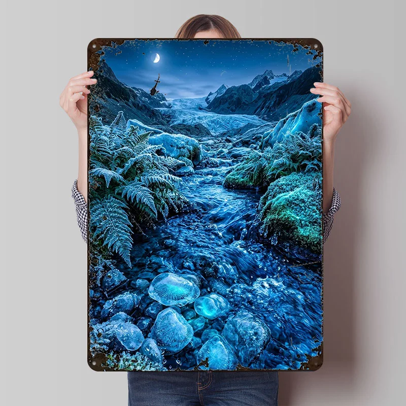 Affiche « Ruisseau Glacé Sous la Lune » – Plaque Métallique Vintage Personnalisée, Décoration Murale Rétro en Étain pour Maison de Luxe et Chambre