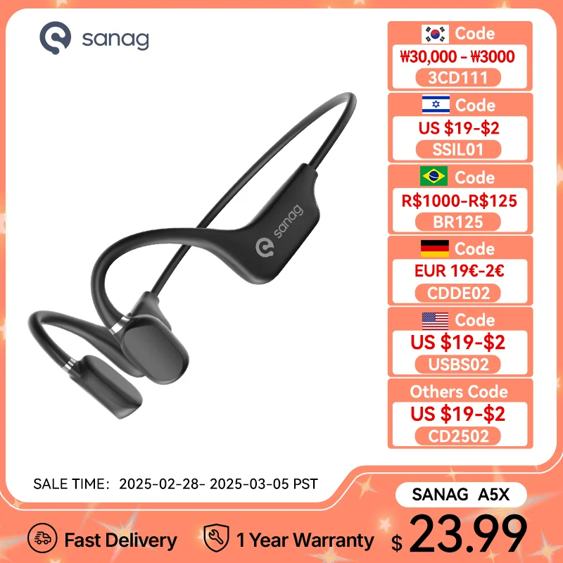 Sanag A5X 真の骨伝導イヤホンオープンイヤー Bluetooth ワイヤレススポーツヘッドフォン防水ヘッドセット 3D ステレオサウンド