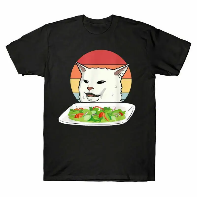 Funny Angry Women Yelling At Confused Cat At Dinner Table Meme Men s T-Shirt Tee