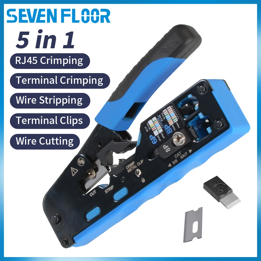 Pass Through RJ45 Crimp Tool Multi-Function for Cat7/6a/6/5e Ethernet RJ11 RJ12 Plugs Cut Strip Crimp Connectors