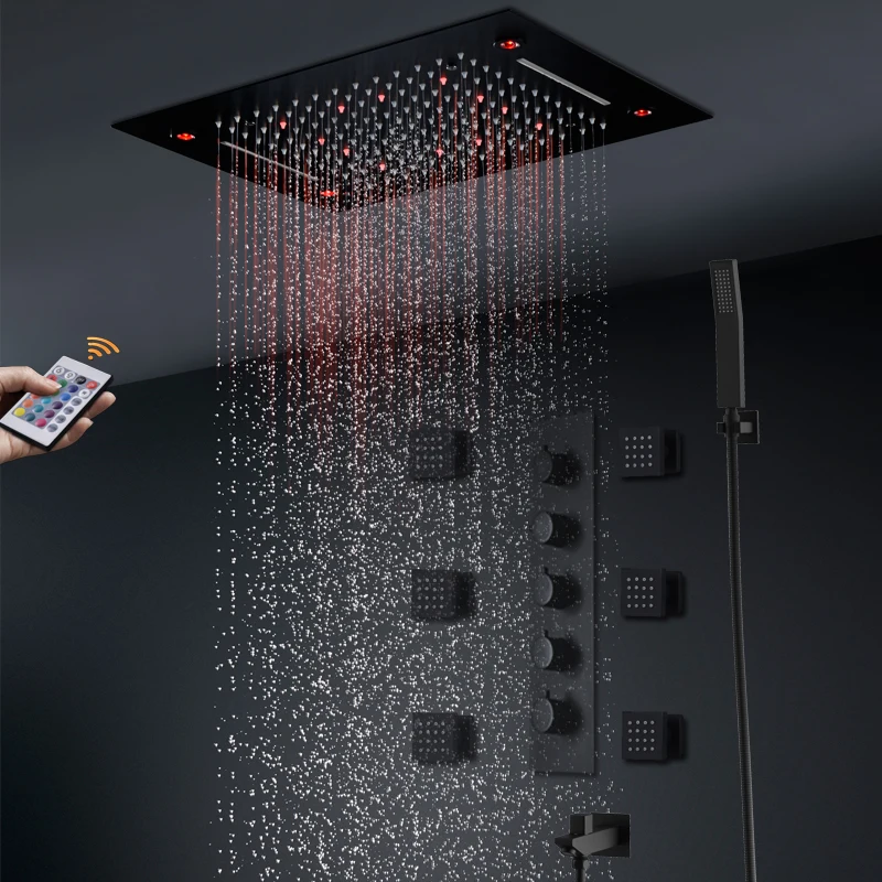 

High Quality Black Ceilling Shower Set LED Rainfall Waterfall Showerhead Thermostatic Mixer Diverter System Body jets 2''