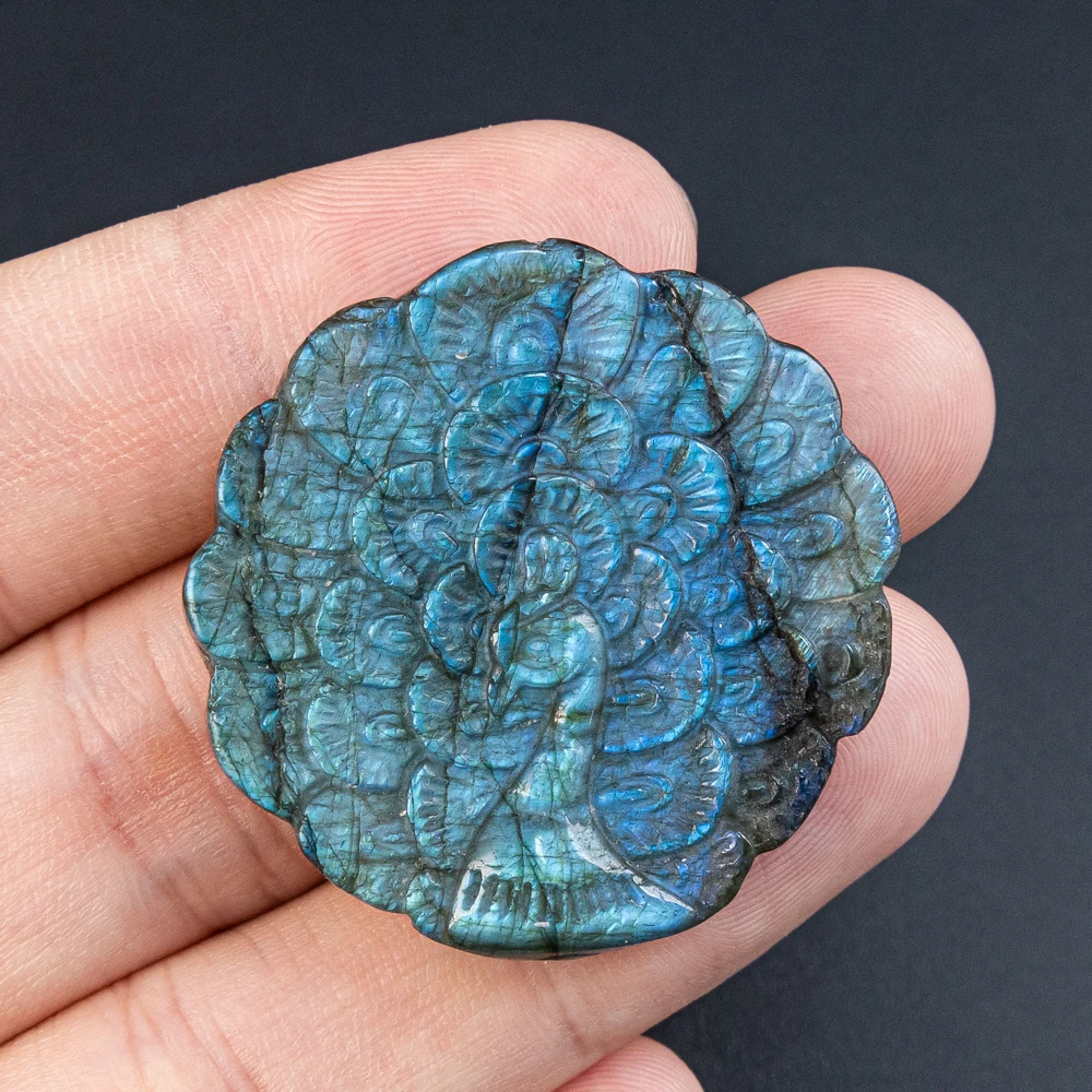 

1 шт. гравировка павлина лабрадорит кабошон кулон 38X38X7 мм синий флэш-камень для DIY ожерелье изготовление ювелирных изделий