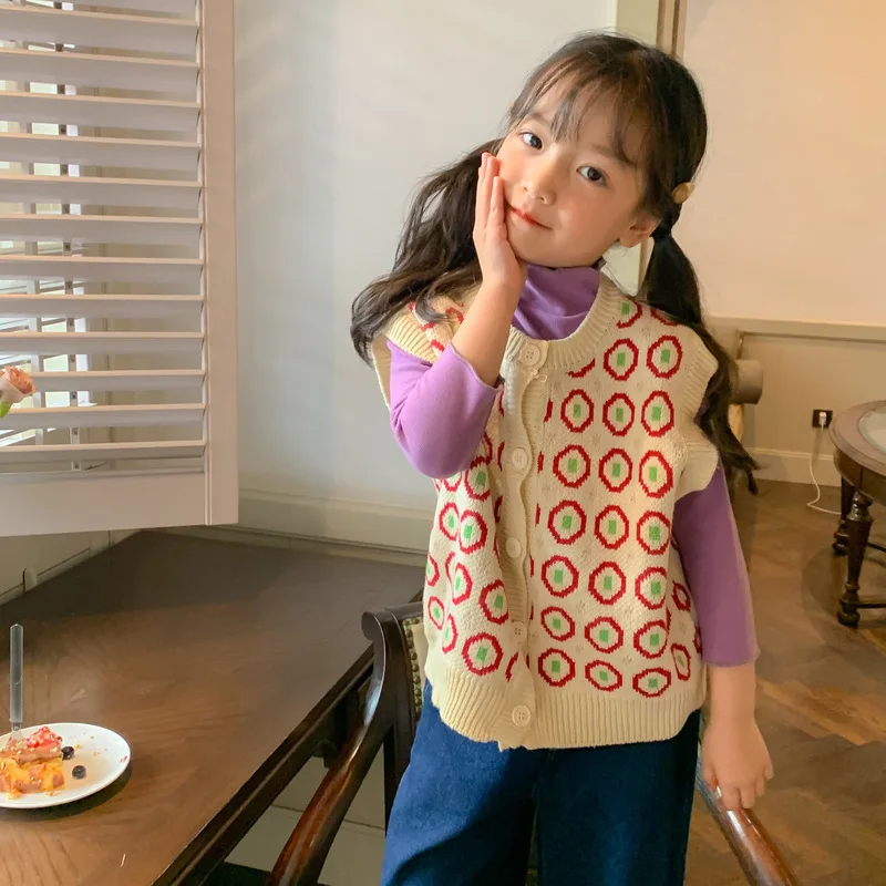 Girls Vests 2024 Autumn Girls Korean Version Flower Sweater Children Knitted Everything Loose Vest Korean Sweet Style Clothes