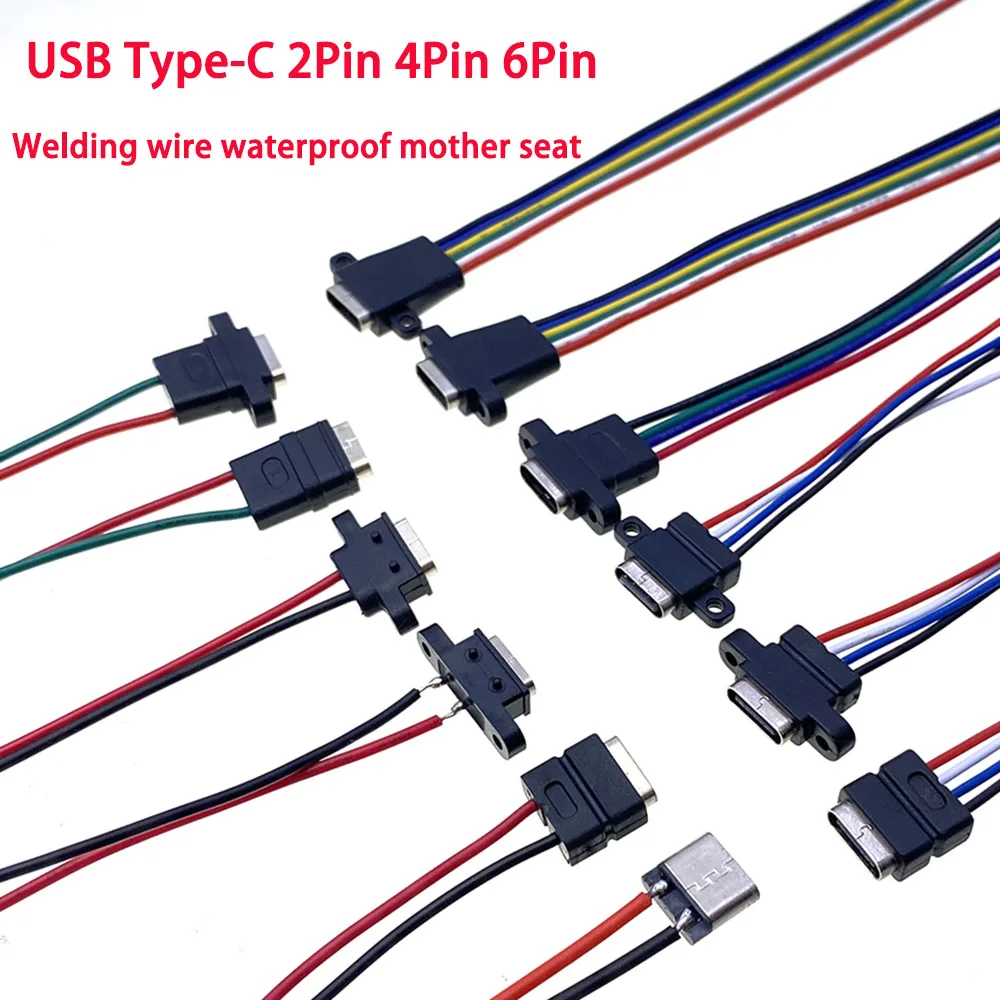 Type-C 2-pin 4-pin 6-pin solder wire waterproof female USB C socket with rubber ring fast charging interface USB connector cable