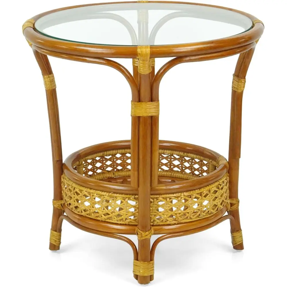 Eco-friendly Rattan Wicker Coffee Table with Glass Top, Handcrafted in Colonial Style