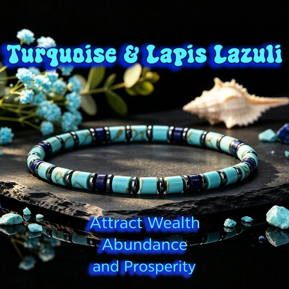 1pc Natural turquoise paired with turquoise and hematite tube beads elastic bracelet, a unisex wrist accessory gift