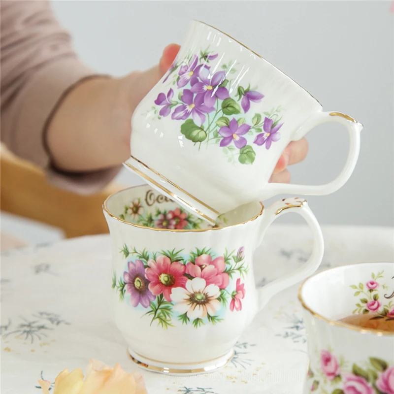 Retro Coffee Mug Ceramic Exquisite Seasonal Flower Printed Couple Cup Bone China Creative Gift Home Drinkware Breakfast Milk Mug