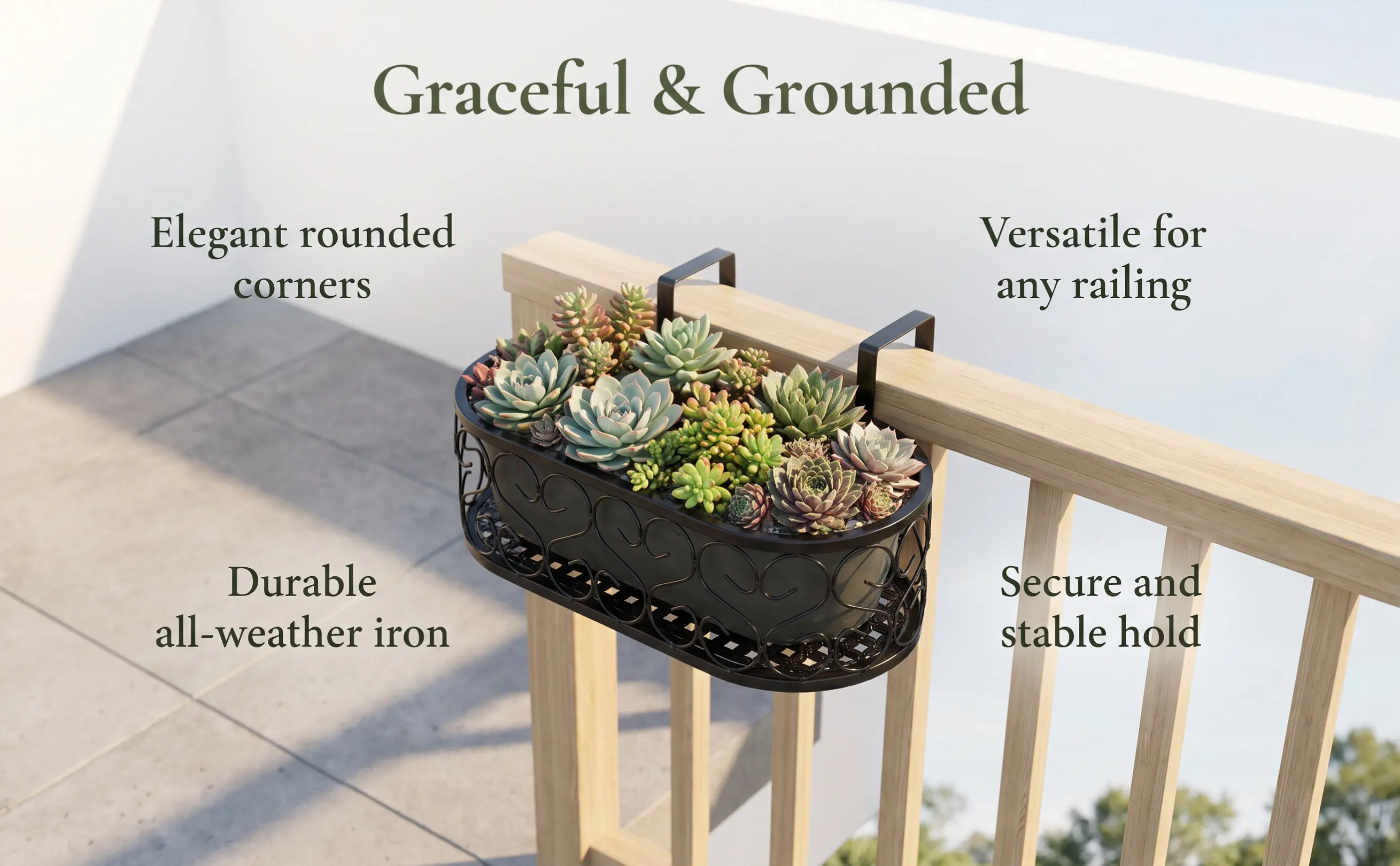 Balcony Hanging Flower Pot Rack Metal Guardrail Mount Elegant Design Intricate Pattern Outdoor Plant Holder Balcony Planter
