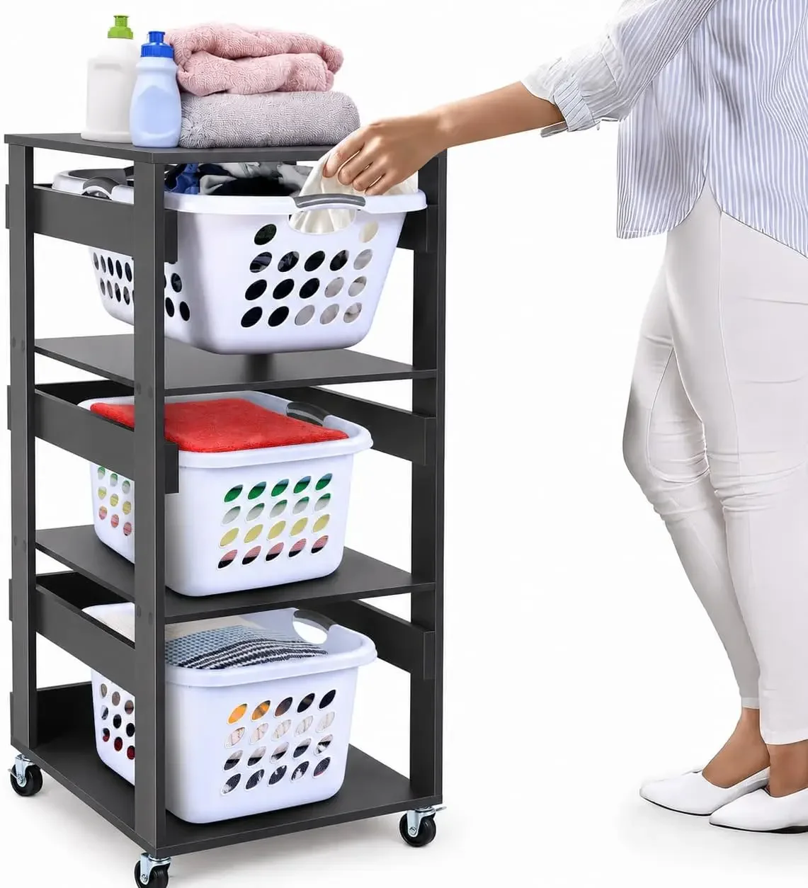 Laundry Basket Holder Shelf, Stackable Laundry Sorter, Slate Grey, 3 Tier | Engineered Wood Laundry Organizer and Storage Tower
