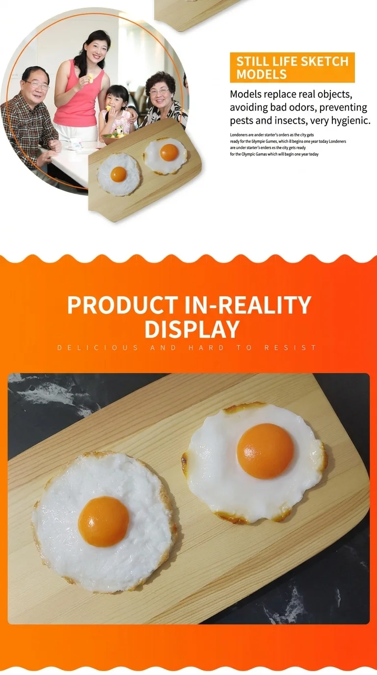 Simuliertes Spiegelei-Modell, Künstliches Lebensmittel-Spielzeug, Sunny-Side-Up-Ei-Requisite für die Präsentation und Dekoration in westlichen Restaurants – Detail 7