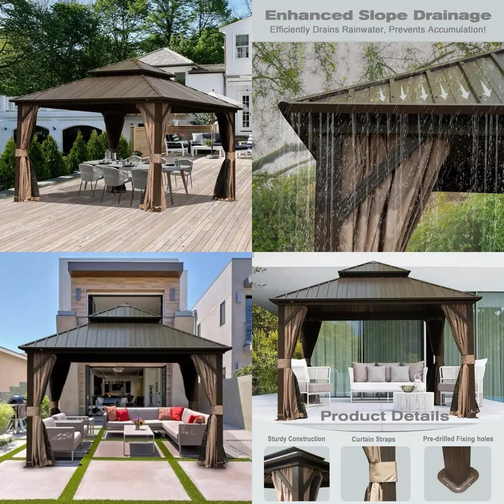 

domi 12' x 12' hardtop gazebo permanent metal gazebo with galvanized steel double roof, curtains and netting for party, wedding,
